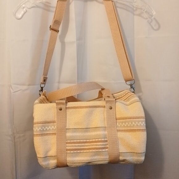New Canvas Upholstery Mini Duffle Travel Bag Tan Sage embroidered Shoulder Cross - Picture 8 of 13